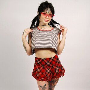 Y2K Plaid Mini Skirt (XS) red black vintage punk alternative goth school girl